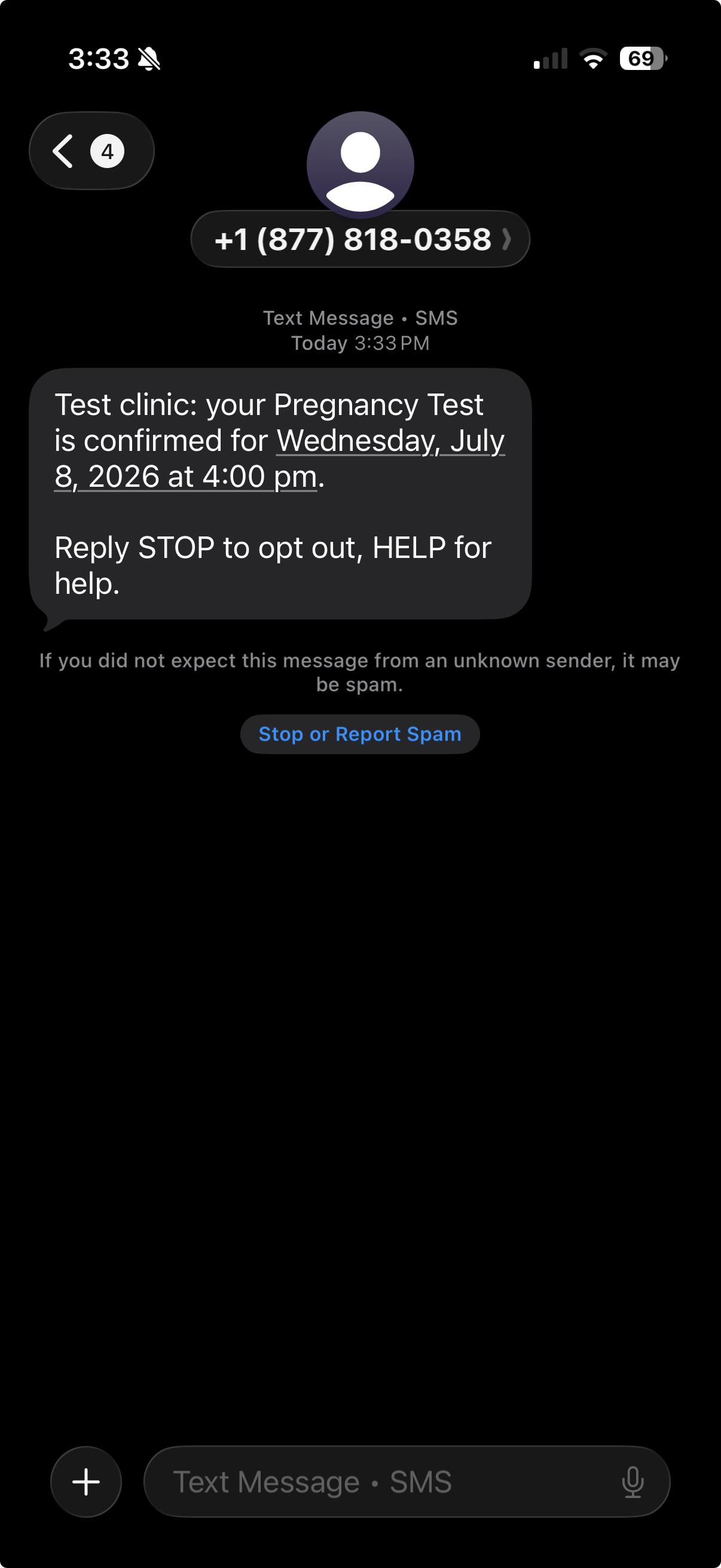 Appointment confirmation text message sent from a HopeDesk booking